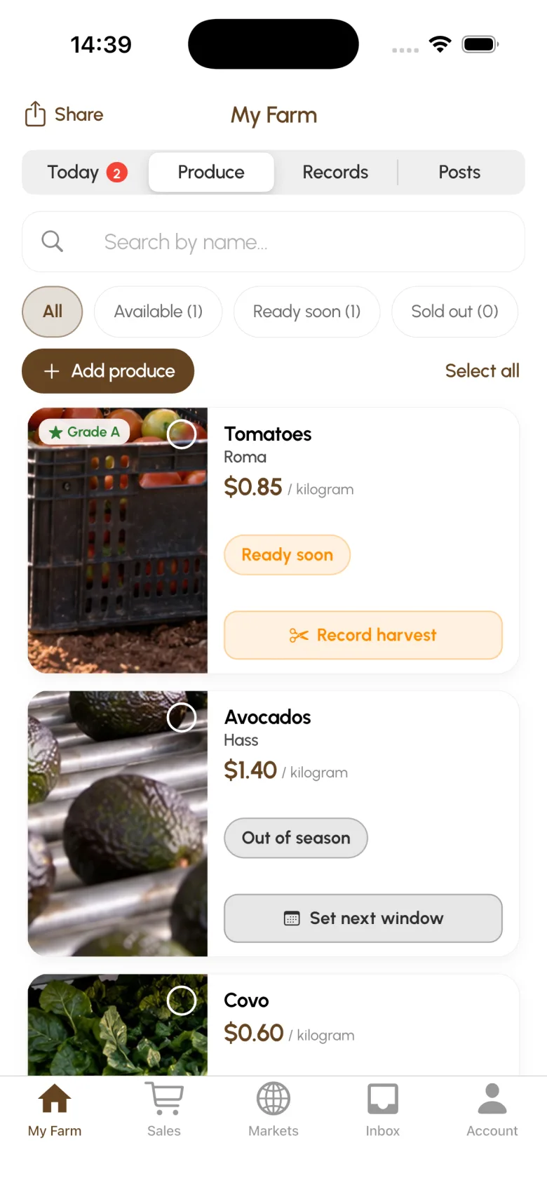 My Farm in the farmer app: tomatoes at the farm’s own price, ready soon, with a Record harvest button; avocados out of season; covo below. Example data.