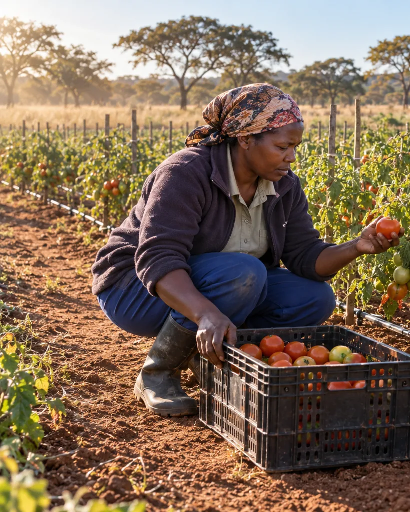 A woman farmer crouched at the end of a drip-irrigated tomato row near Goromonzi at first light, checking a tomato over a black crate.