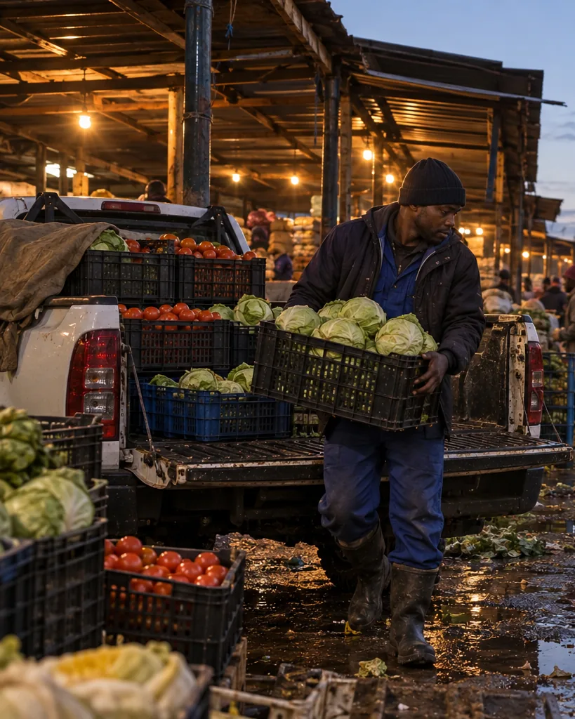 A farmer lifting a crate of cabbages off a pickup tailgate on the open ground at Mbare Musika before dawn, trucks and traders behind him.