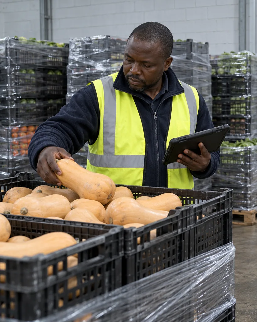 A produce buyer in a hi-vis vest with a tablet turned away, one hand on a crate of butternut at a receiving dock beside a steel cold-room door.