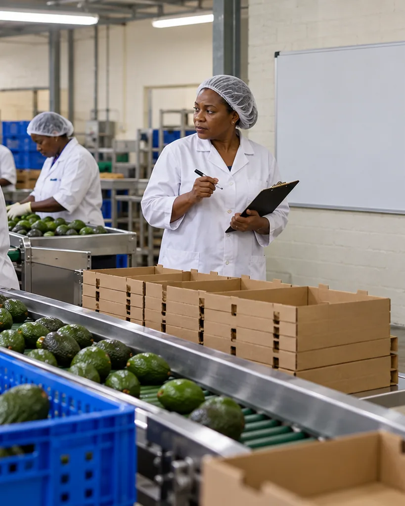 A packhouse manager in a white coat and hairnet between an avocado sorting line and a whiteboard, the cold-store door at the end of the room.