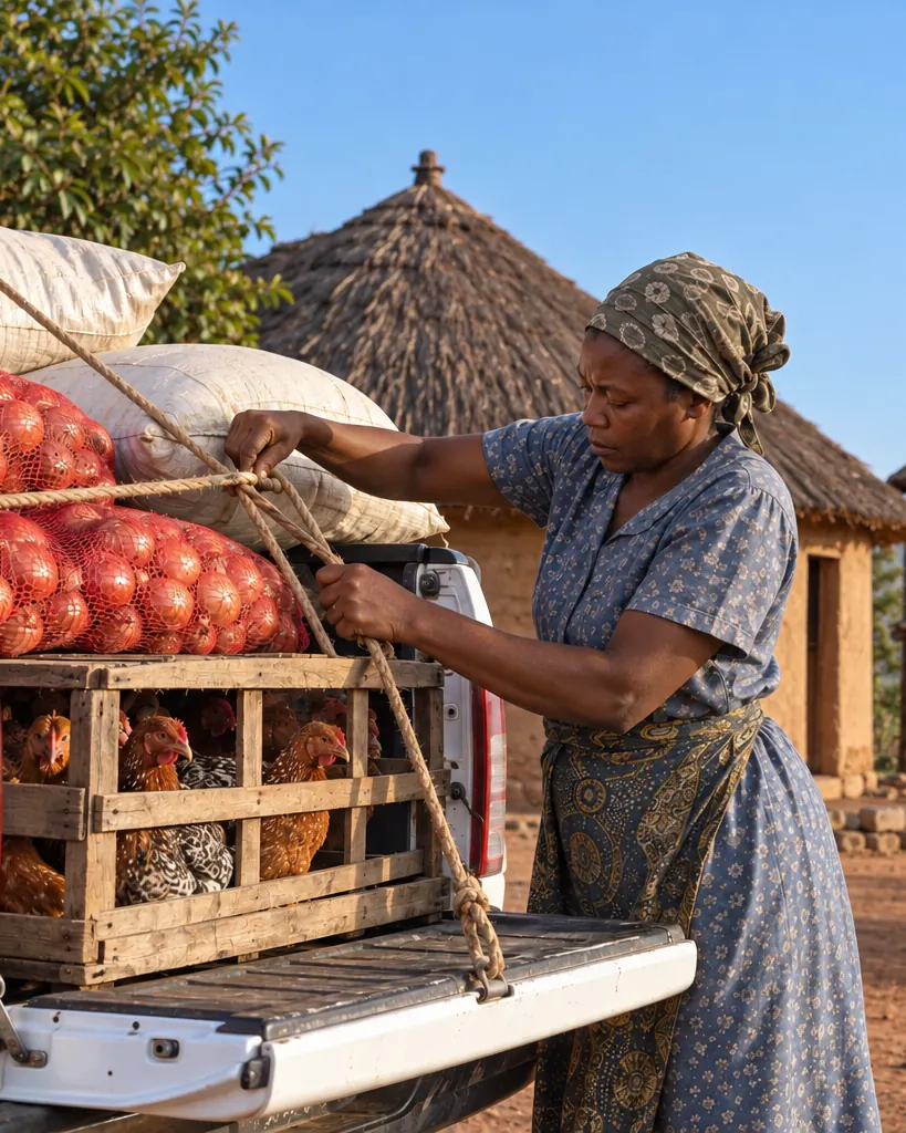 A woman farmer pulling a rope tight over the load on a white pickup at her homestead: pockets of onions, sacks, and a crate of live indigenous chickens, a thatched kitchen hut and granary behind.