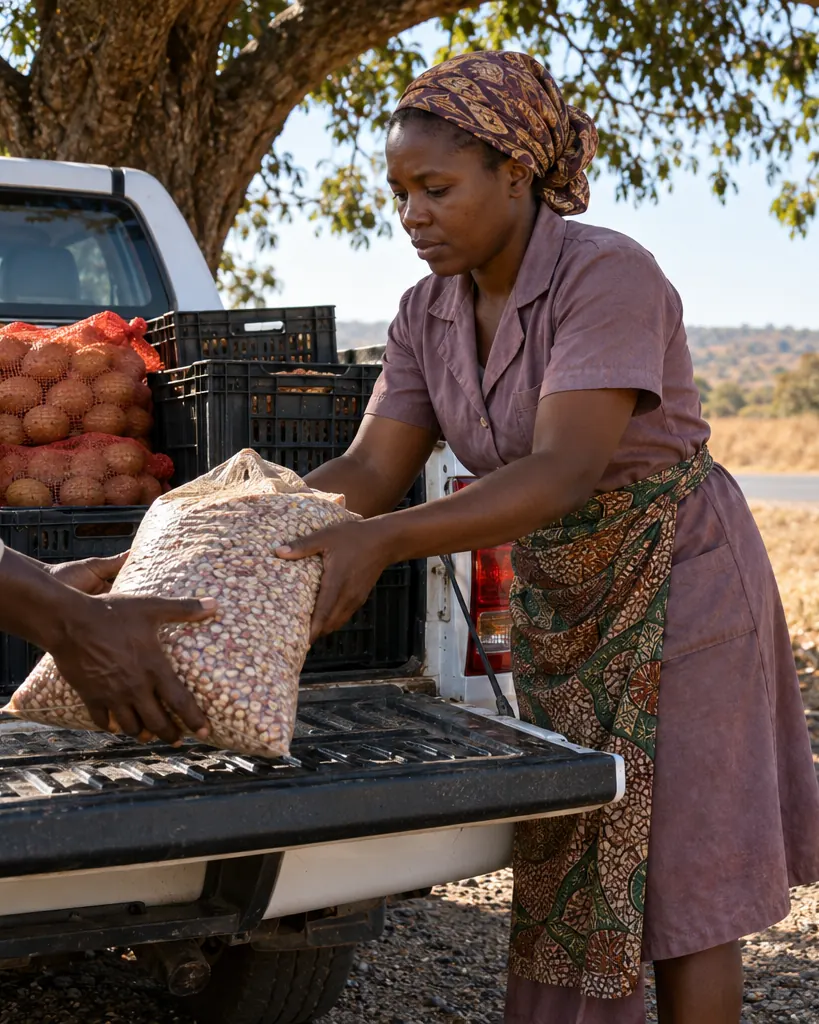 A woman farmer handing a bag of dry beans off a pickup tailgate to a buyer at a roadside stop under a big tree, crates and pockets of potatoes on the load.