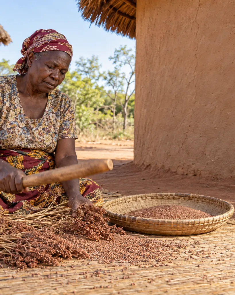 An older woman sitting on a reed mat beating sorghum heads with a wooden stick, a winnowing basket of grain beside her and a granary behind.