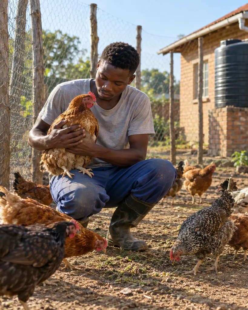 A young man crouched in a backyard chicken run holding a brown hen, free-range hens scratching around him and a brick house with a water tank behind.