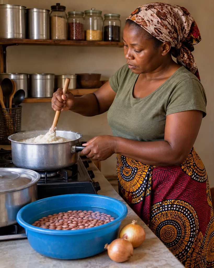 A woman stirring a pot of sadza in a small kitchen, a basin of sugar beans soaking and two onions on the counter beside her.