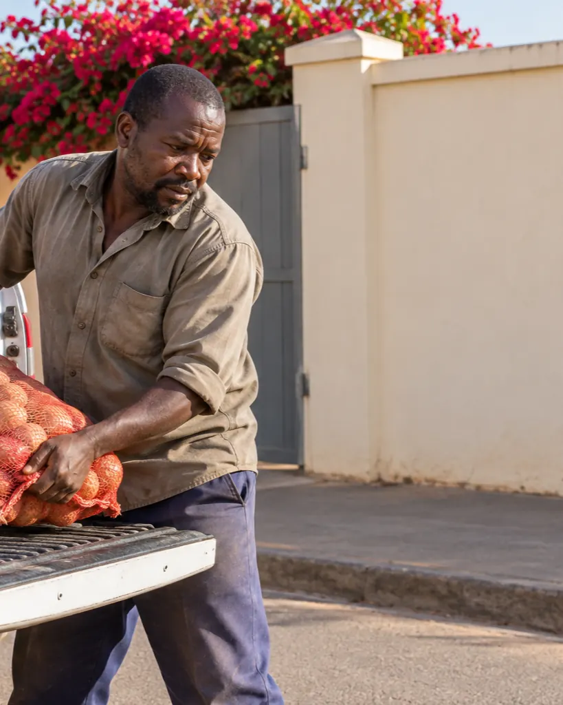 A farmer lifting a pocket of potatoes off a pickup parked outside a house with a cream wall, a steel gate and bougainvillea.