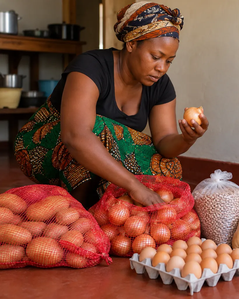 A woman crouched on a red cement kitchen floor checking an onion beside pockets of onions and potatoes, a bag of beans, butternuts and a tray of eggs.