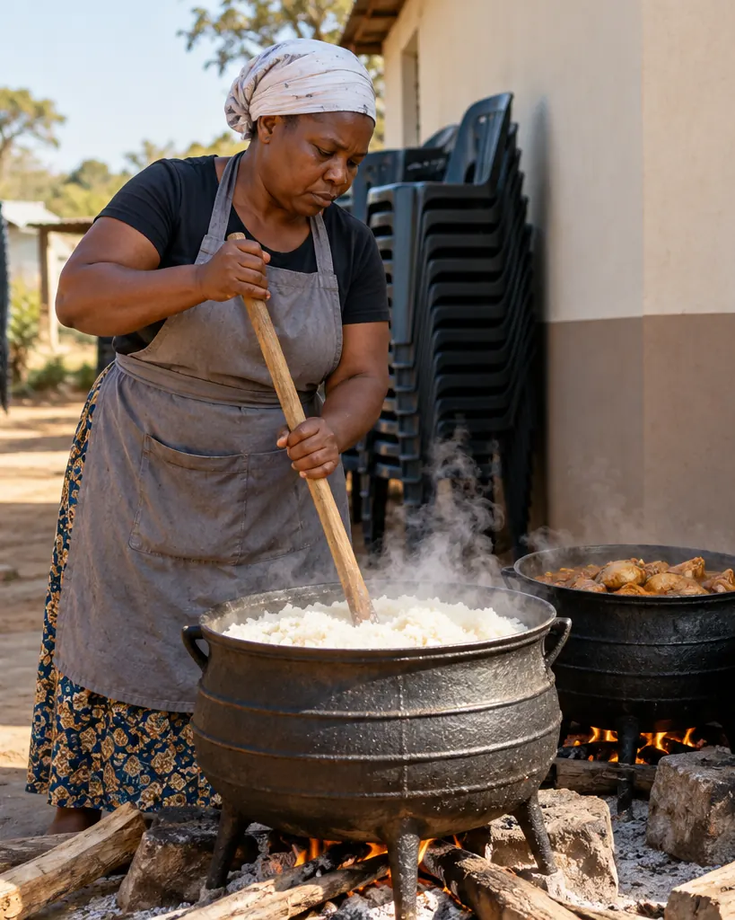 A caterer stirring rice in a large three-legged pot over a wood fire, pots of chicken stew and greens beside her and plastic chairs stacked against the wall.