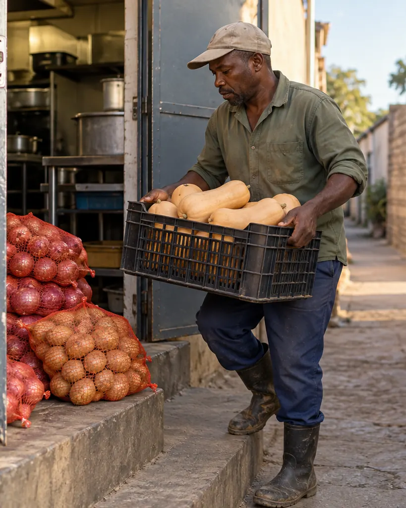 A farmer carrying a crate of butternuts in through the back door of a small kitchen, pockets of onions and potatoes stacked on the step.