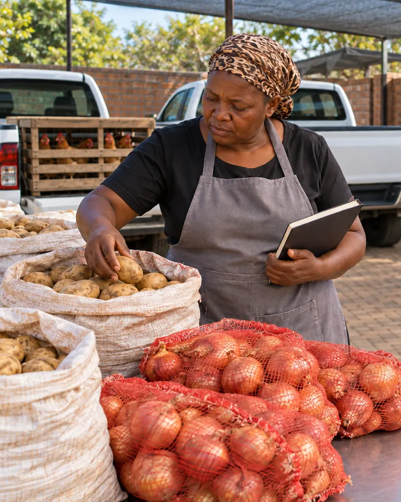 A caterer in an apron checking sacks of potatoes and pockets of onions at a steel table in her yard, two farm pickups and a crate of chickens behind her.