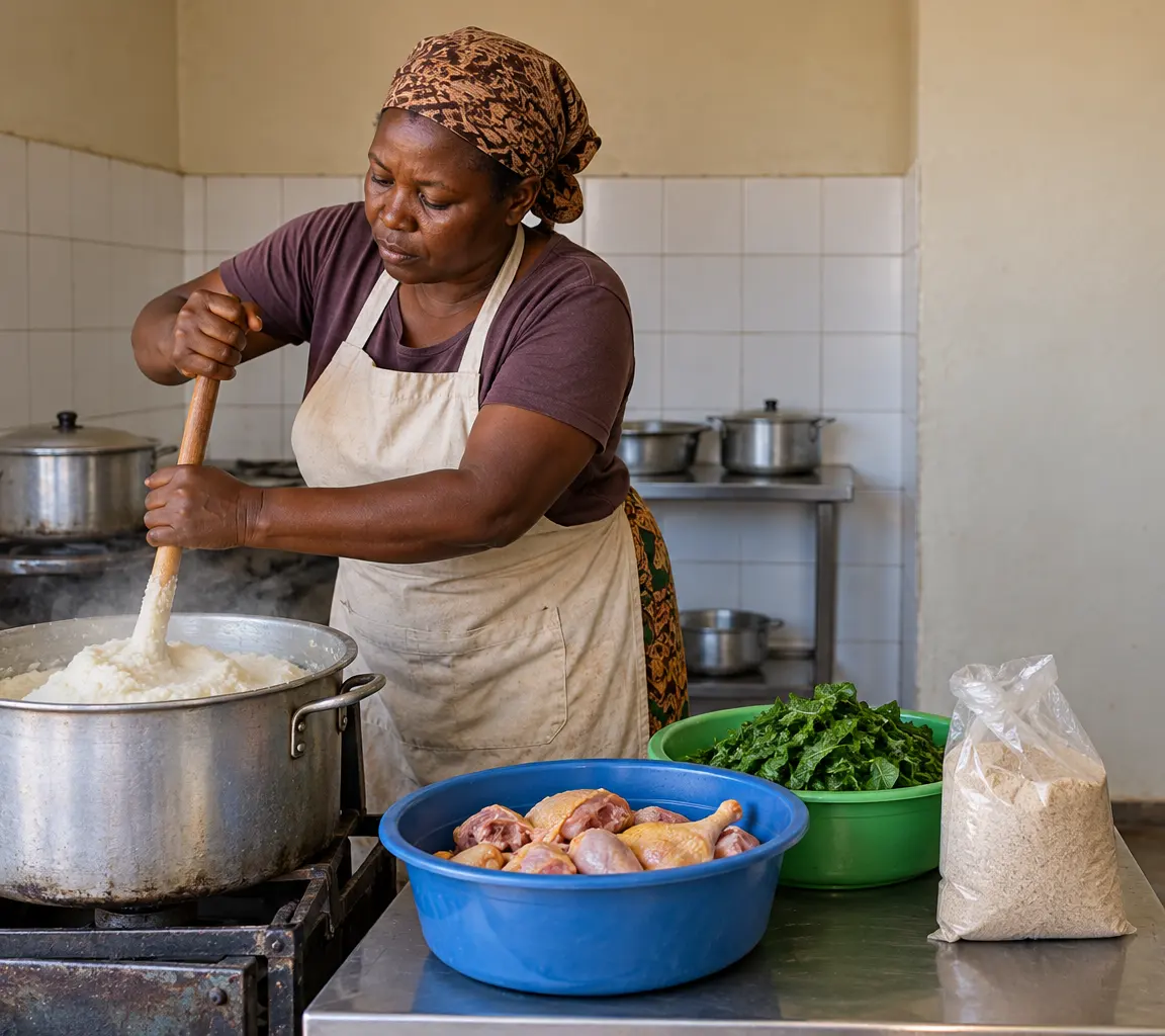 A cook stirring a big pot of sadza in a small tiled kitchen, a basin of chicken pieces, a basin of greens and a bag of meal on the steel table beside her.