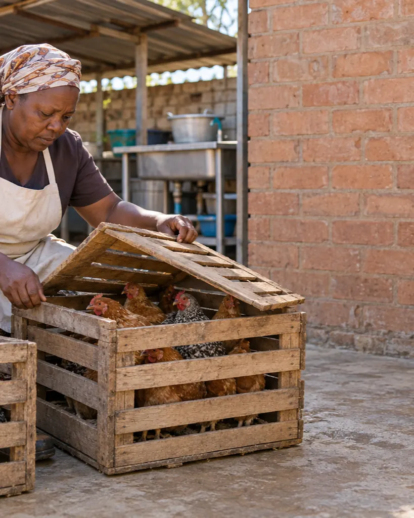 A cook in an apron lifting the lid of a wooden crate of live chickens in the concrete yard behind her kitchen, a second crate beside her.