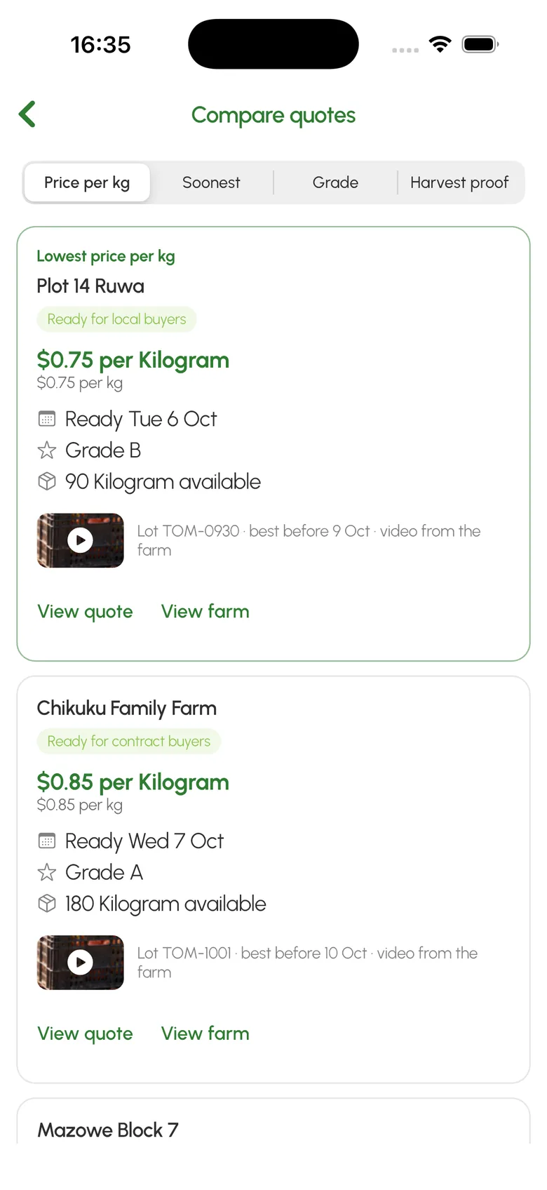 Compare quotes in the buyer app: each farm’s price per kilogram, ready date, grade, quantity and lot code, with the lowest price marked. Example data.