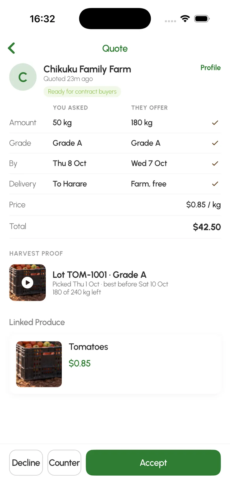One quote in the buyer app: what was asked beside what the farm offers, the price and total, and the lot with the day it was picked and its best-before date. Example data.