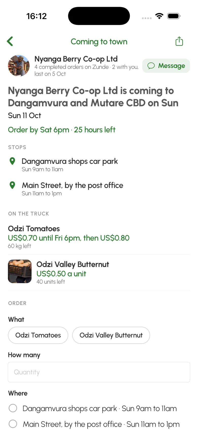 A farm trip in the buyer app: Nyanga Berry Co-op coming to Dangamvura and Mutare CBD on Sunday, order by Saturday 6pm, two stops with times, tomatoes at an early price and butternut, and the order form. Example data.