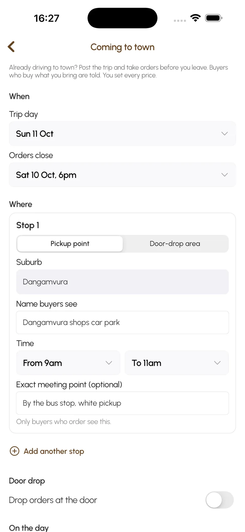 Posting a trip in the farmer app: Sunday 11 October, orders close Saturday 6pm, a pickup point at the Dangamvura shops car park from 9am to 11am with the exact meeting point. Example data.