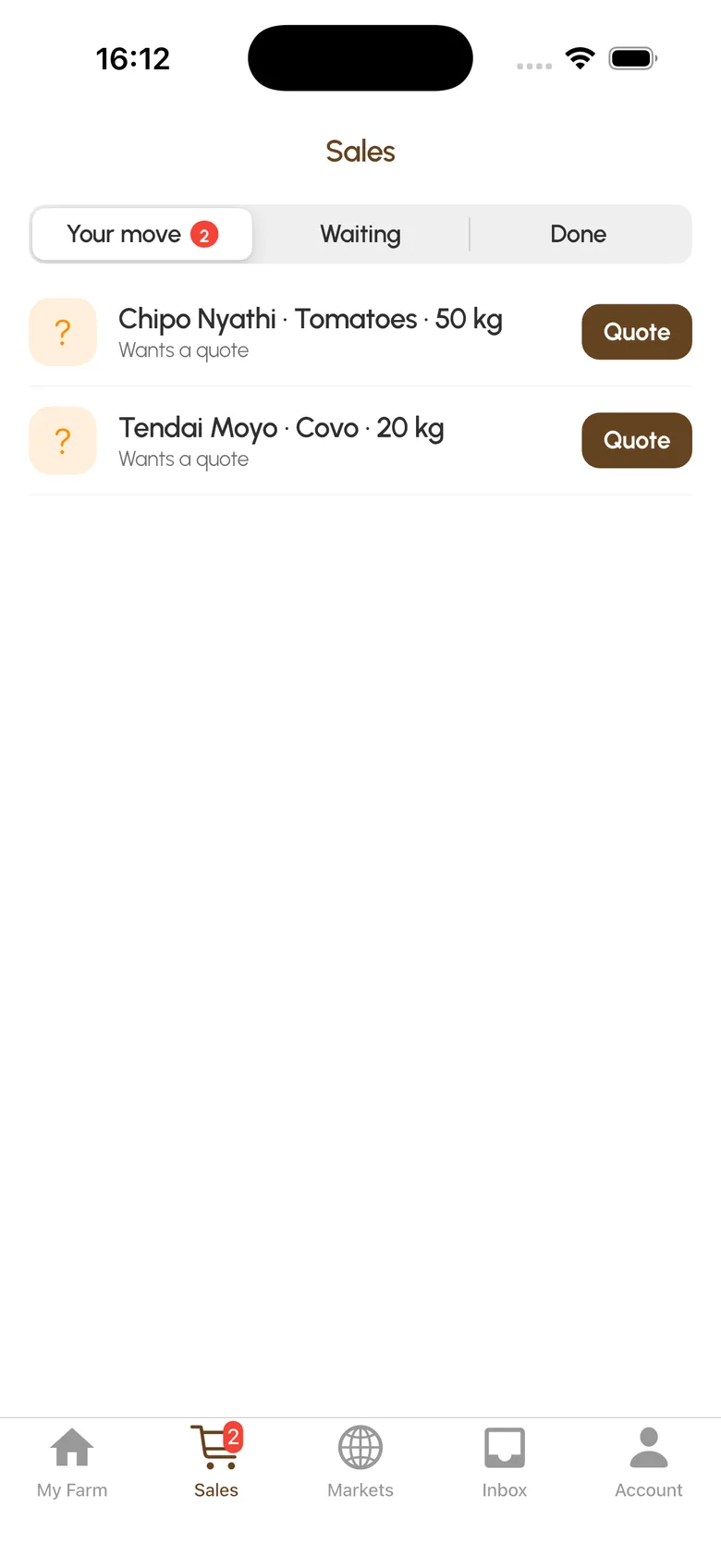 Sales in the farmer app: two buyers each asking for a quote, one for 50 kg of tomatoes and one for 20 kg of covo. Example data.